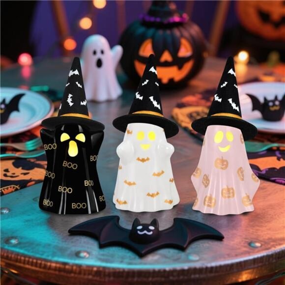 Halloween Decorations Indoor, Set of 3 Ceramic Halloween Ghosts with Witch - Picture 6 of 7